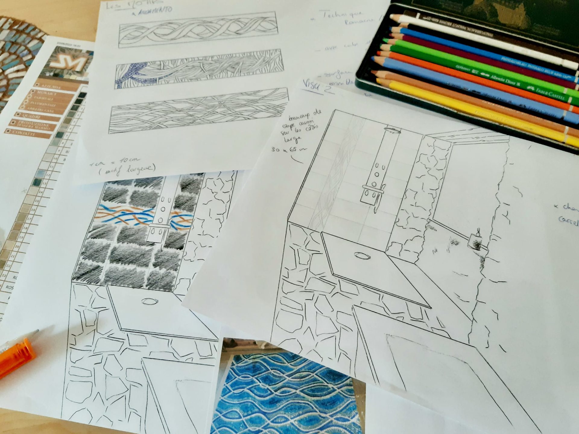 Dessin de la projection de la fresque dans salle de bain