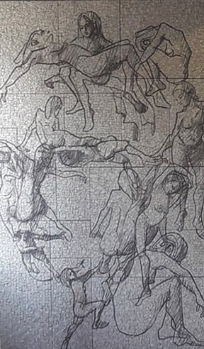 Plusieurs corps entremêler formant un visage en mosaïque noir sur fond blanc