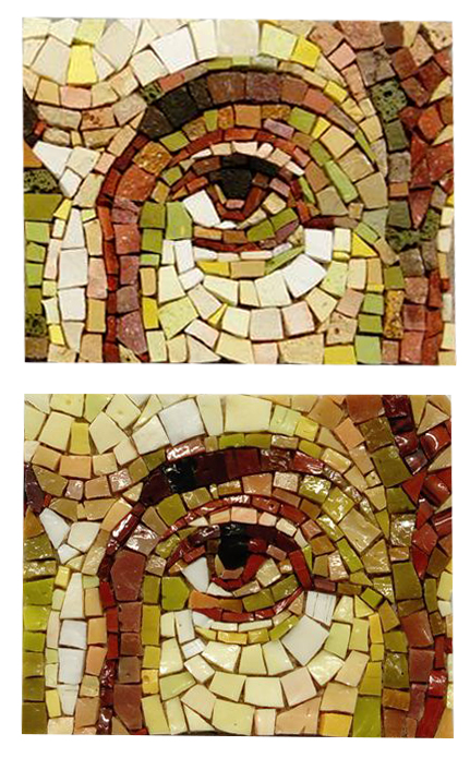 Mosaïque d'oeil bizantin, technique bizantine, un avec matériel pâte de verre et l'autre matériaux naturel